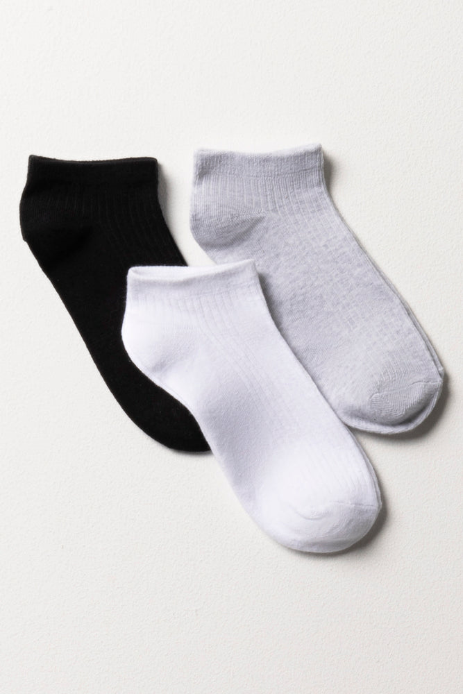 3 Pack Low Leg Socks Black, Grey & White