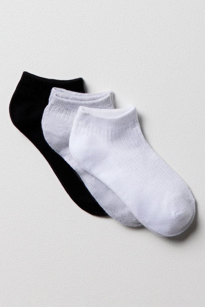 3 Pack Lowleg Socks White, Grey & Black