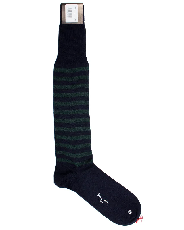 Attolini Cashmere Socks US 11 1/2 - EUR 45 Dark Green Navy Stripes - Over The Calf SALE