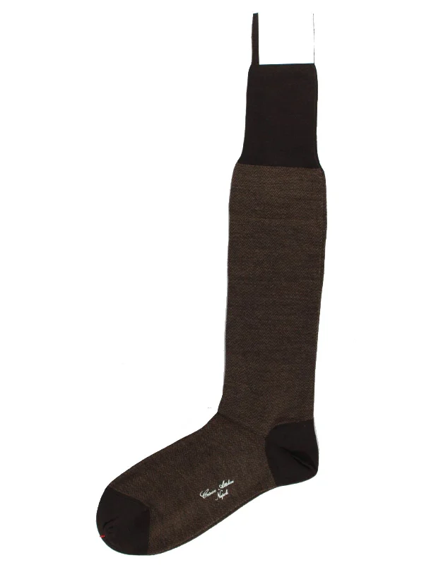 Attolini Socks US 11.5 / EUR 45 Brown Herringbone Over The Calf - FINAL SALE