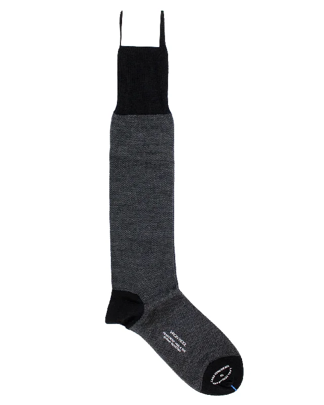 Cesare Attolini Cashmere Silk Socks US 10 1/2 - EUR 43 1/2 Midnight Blue Brown Pattern - Over The Calf