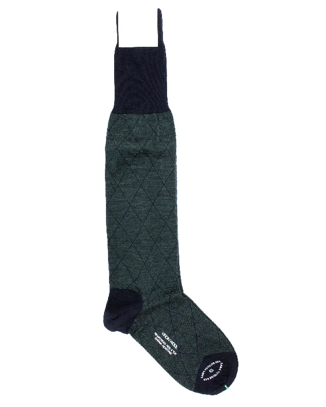 Cesare Attolini Wool Socks Dark Green Diamonds US 11 - EUR 44 Over The Calf SALE