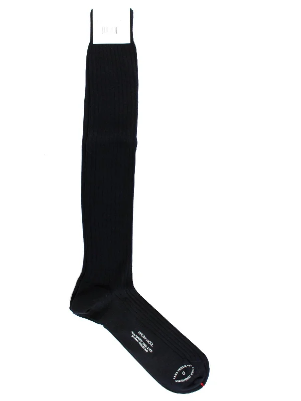 Cesare Attolini Wool Socks Dark Navy Solid Ribbed US 12 / EUR 46 Over The Calf