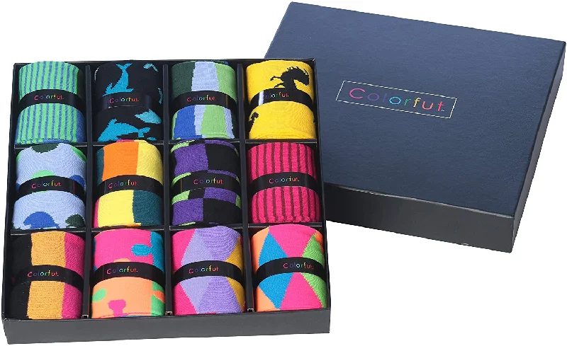 Colorfut Men's 12 Pairs Soft Cotton Blend Colorful Funky Gift Box Dress Socks