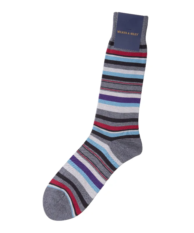 Grey, Red, White, Sky Multi Stripe Cotton - Mid Calf