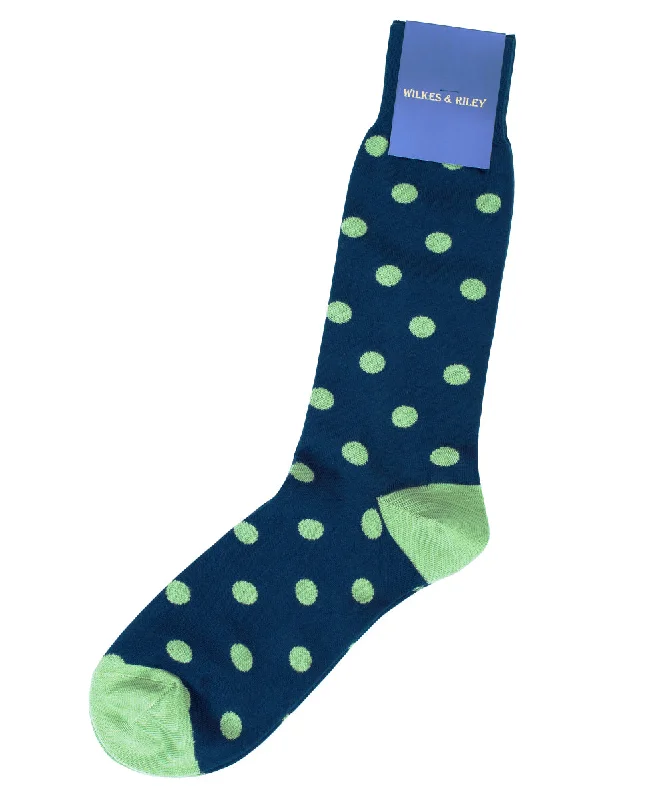 Navy Large Dot Cotton Sock - Mid Calf