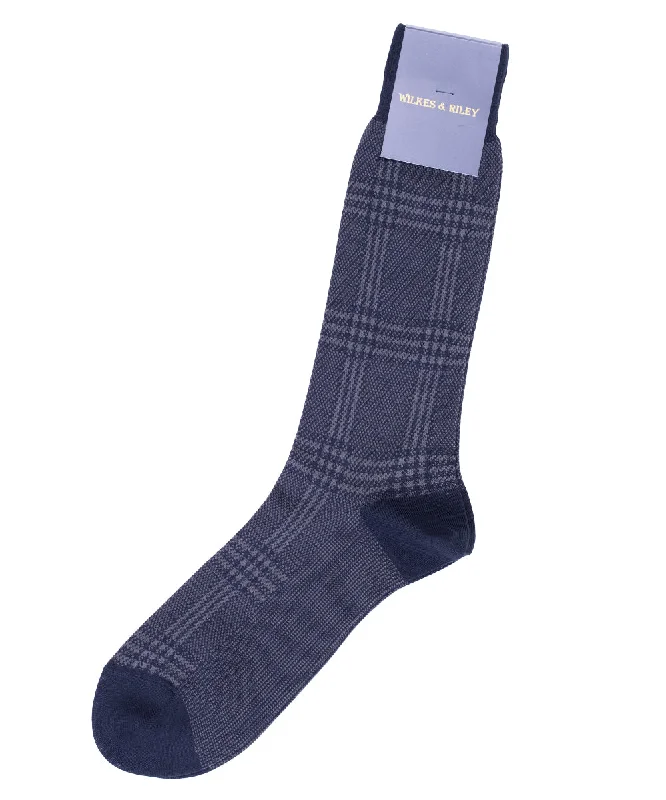 Navy Large Plaid Egyptian Cotton - Mid Calf Sock