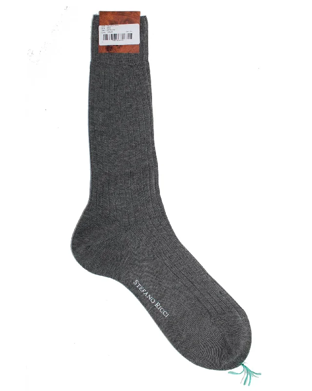 Stefano Ricci Socks Gray Ribbed - US 11/ EUR 44 Mid Calf Men Socks