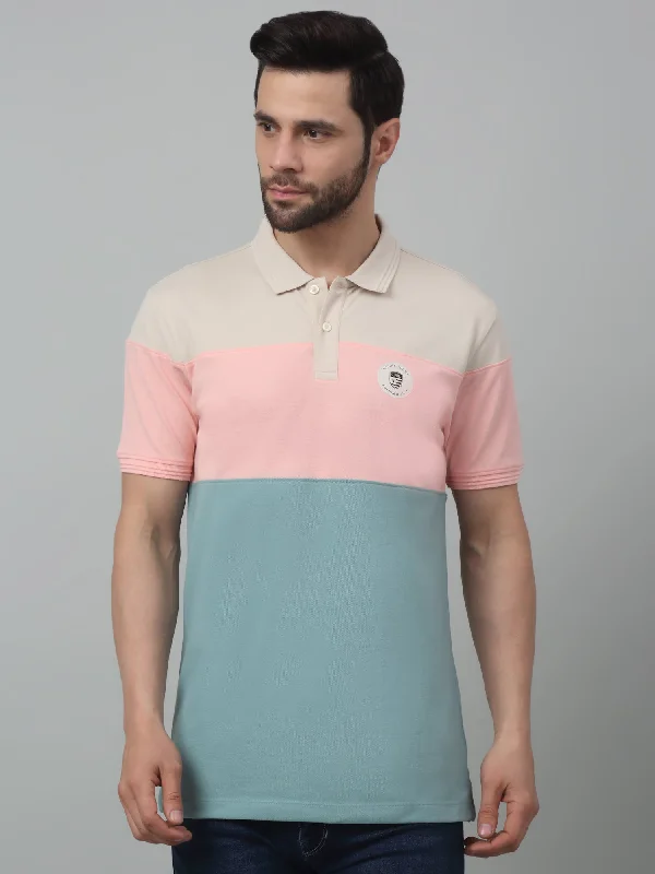 Men's Aqua Green Contrast Pastel Color block Polo neck Half Sleeve T-Shirt