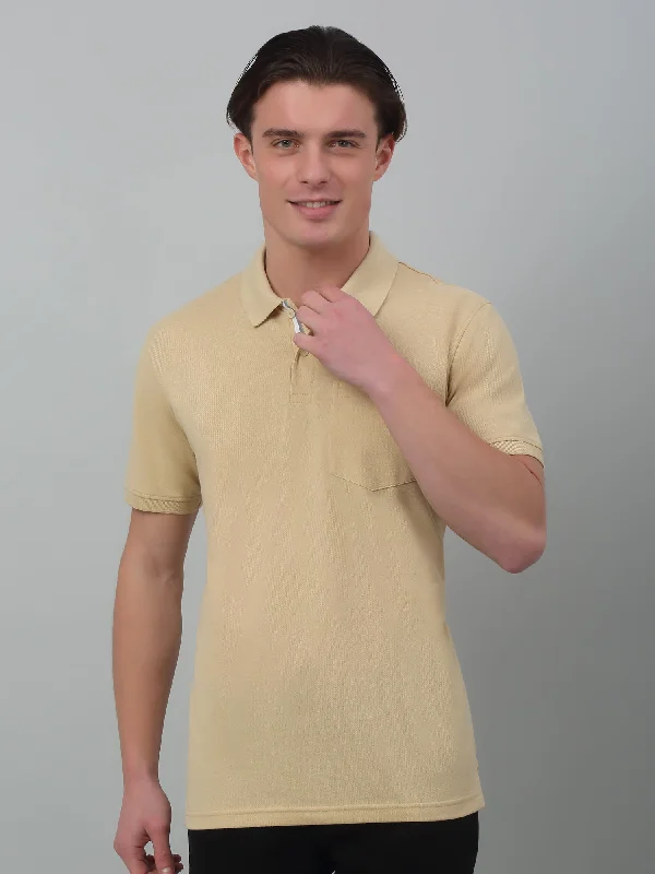 Men's Beige  Polo neck Half Sleeve T-Shirt with chest pocket