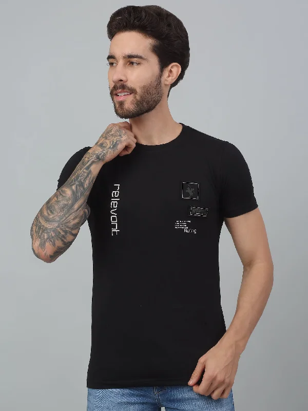 Men's Black  Round neck Half Sleeve T-Shirt with applique & print