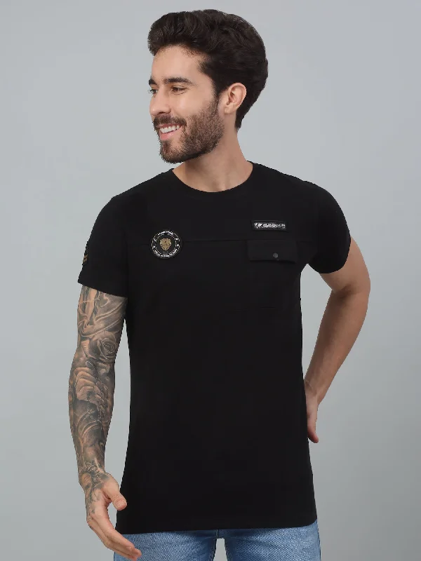 Men's Black  Round neck Half Sleeve T-Shirt with Chest pocket & appliques