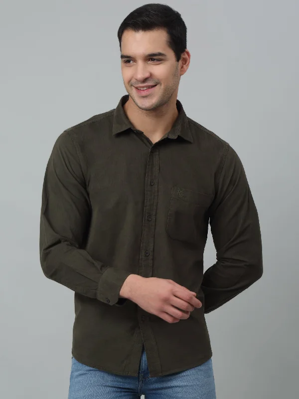 Men's Olive   Casual Plain Corduroy Full Sleeve Shirt