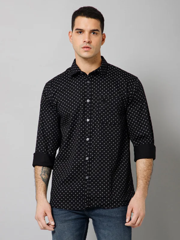 Men's Black Casual Geometric Ditsy Print Full Sleeve Shirt