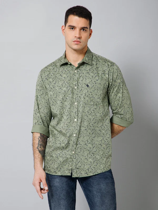 Men's Light Olive Casual Floral Print Full Sleeve Shirt