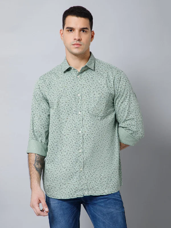 Men's Light Green Casual Floral Print Full Sleeve Shirt