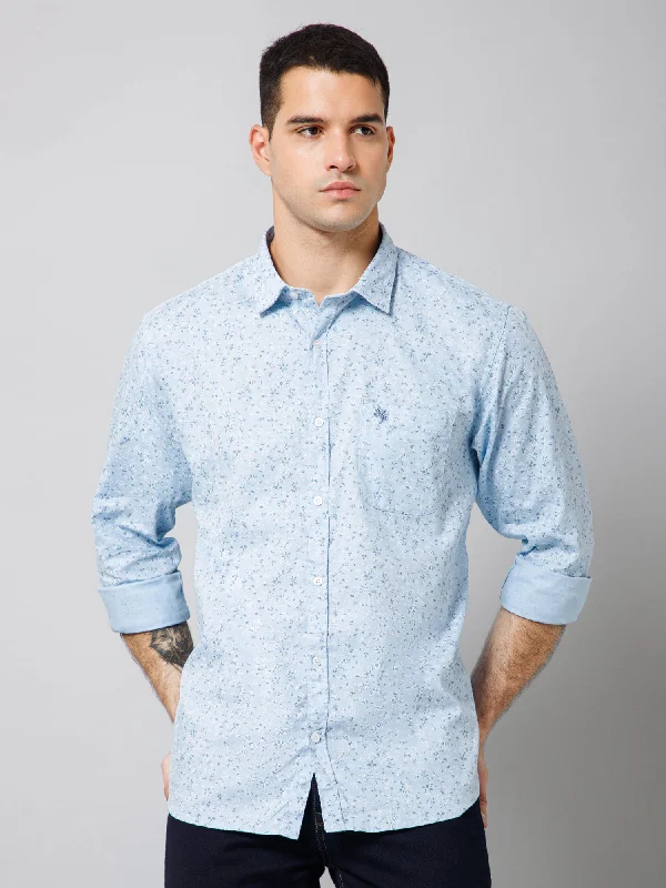 Men's Light Blue Casual Floral Print Full Sleeve Shirt