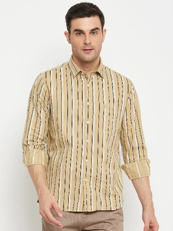 Men's Khaki Casual Narrow Stripe Full Sleeve Shirt