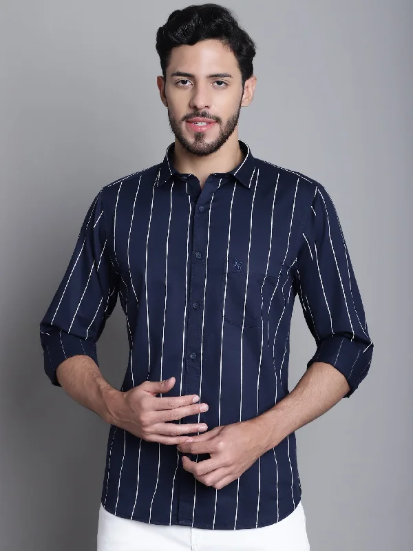 Men's Navy Blue Casual Stripe Print Full Sleeve Shirt