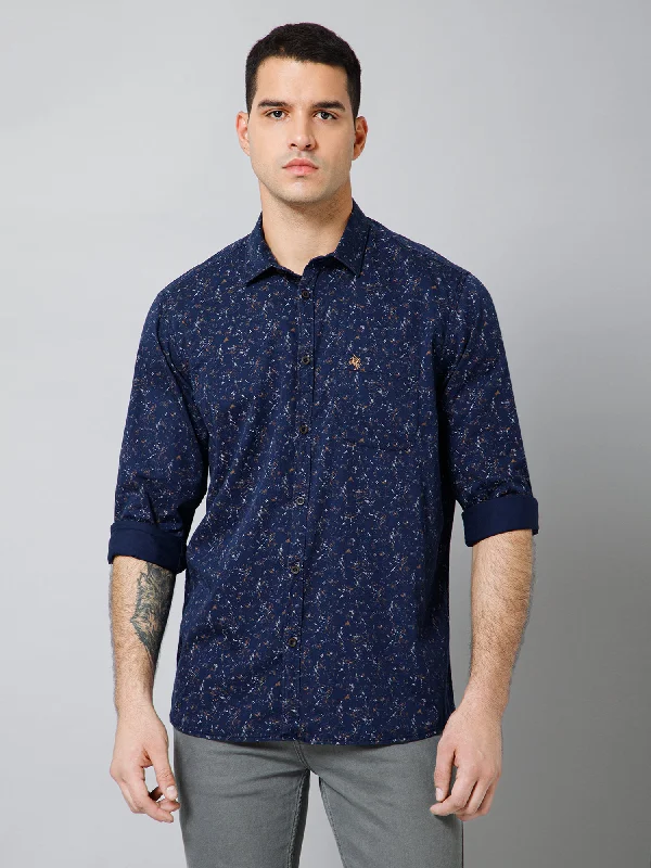 Men's Navy Blue Casual Ditsy Print Full Sleeve Shirt