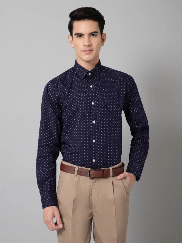 Men's Navy Blue Formal Ditsy Print Full Sleeve Shirt