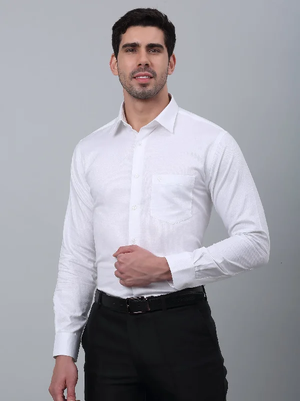 Men's White Formal Self Textured Full Sleeve Shirt