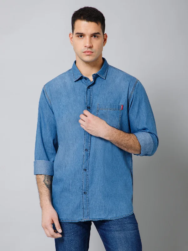 Men's Denim Blue Casual Plain Full Sleeve Shirt