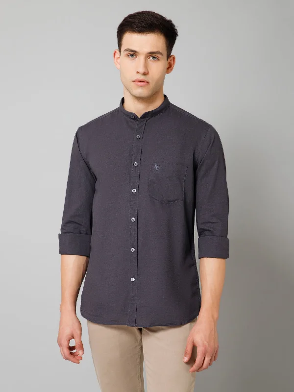 Men's Dark Grey Casual Plain Full Sleeve Shirt