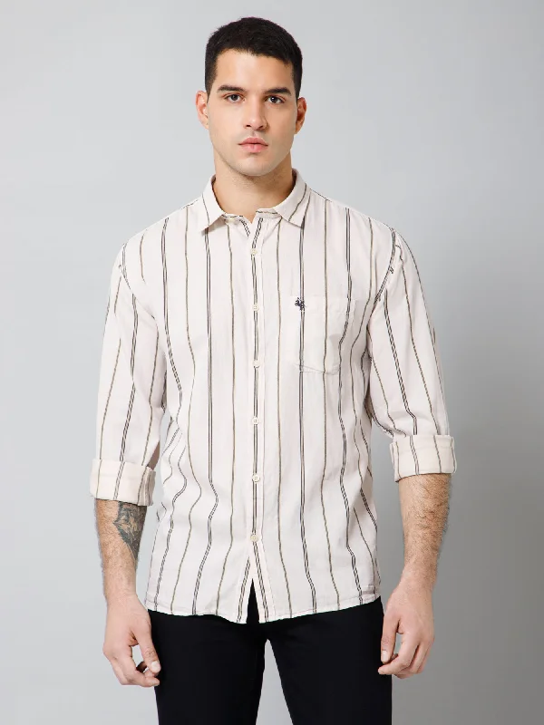 Men's Beige Casual Broad Stripe Full Sleeve Shirt