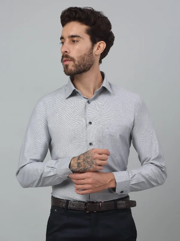 Men's Light Grey Formal Self Textured Full Sleeve Shirt