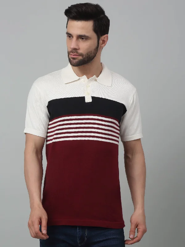 Men's Maroon Color block Stripe Polo neck Half Sleeve Flatknit T-Shirt