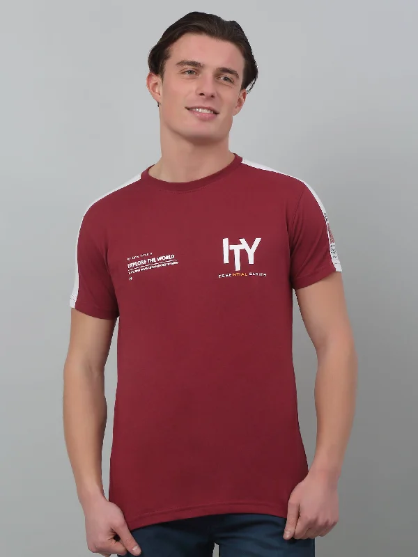 Men's Maroon  Round neck Half Sleeve T-Shirt with contrast shoulder insert