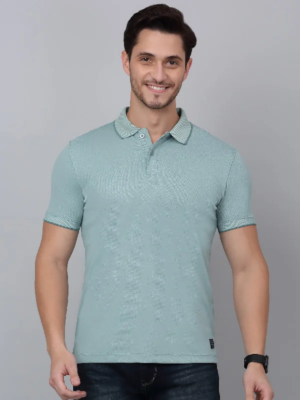 Men's Aqua Blue Solid Polo Neck T-shirt