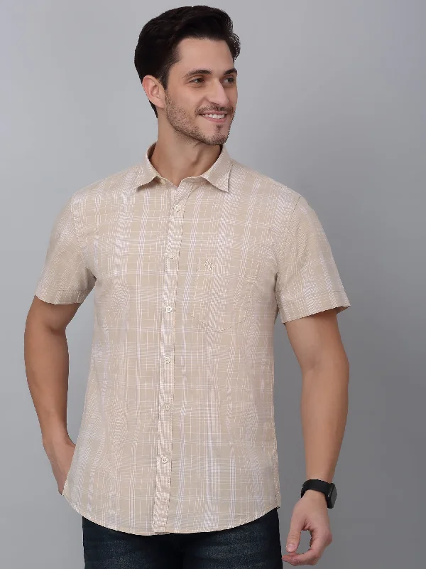 Men's Beige Casual Big Checks Half sleeve Shirt