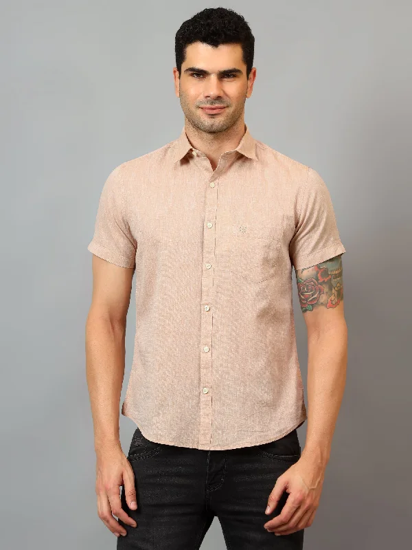 Men's Beige Casual Plain Half sleeve Shirt