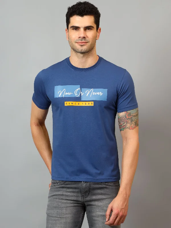 Men's Royal Blue Round neck Half Sleeve T-Shirt with Typographic print