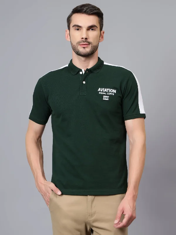 Men's Bottle Green Printed Polo Neck Half Sleeve T-shirt