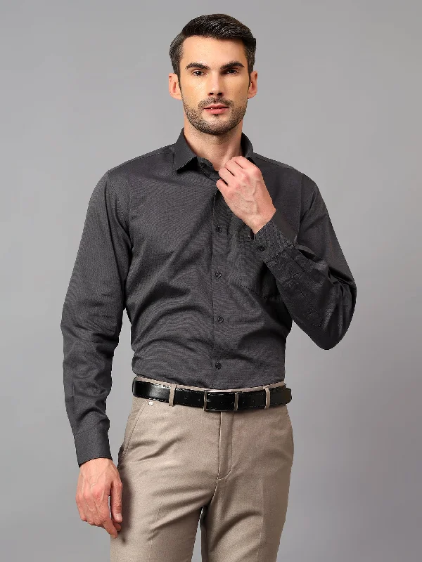 Men's Dark Grey Formal Fil a Fil Plain Full Sleeve Shirt