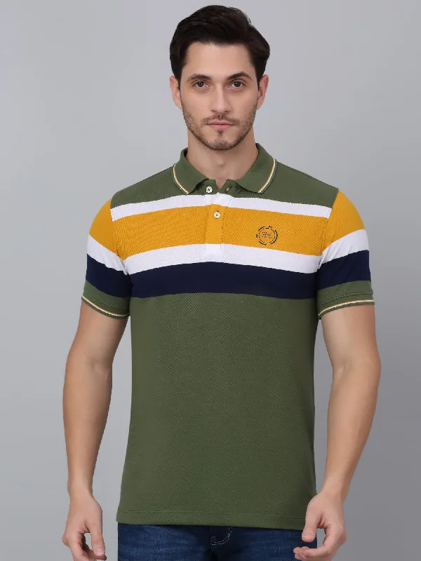 Men's Green Striped Polo Neck T-shirt