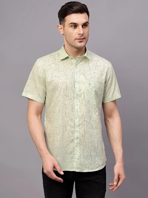 Men's Light Green Casual Geometric Print Half sleeve Shirt