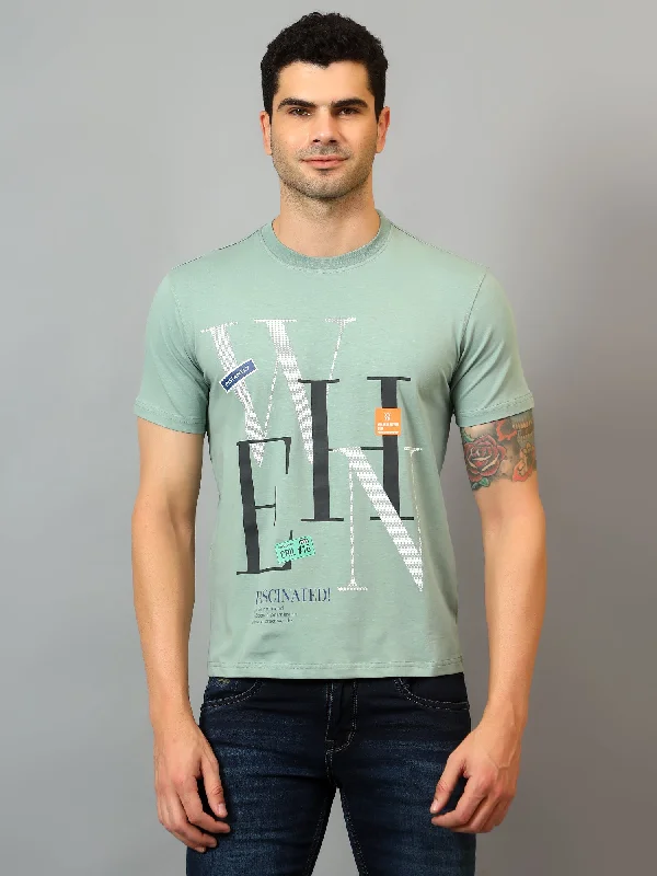 Men's Light Green Round neck Half Sleeve T-Shirt with Typographic print