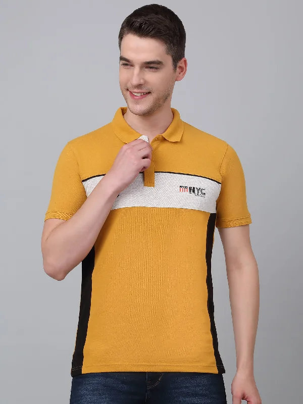 Men's Mustard Color Block Polo Neck T-shirt