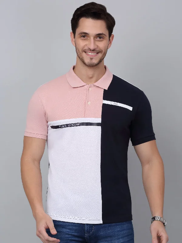 Men's Navy Blue Color Block Polo Neck T-shirt