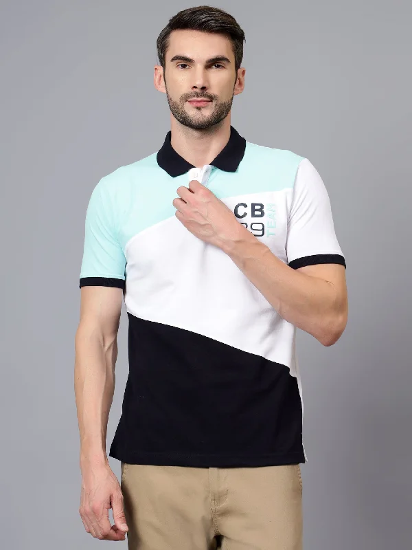 Men's Navy Blue Color Blocked Polo Neck Half Sleeve T-shirt