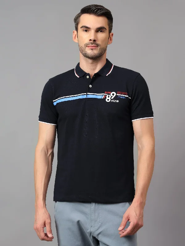 Men's Navy Blue Printed Polo Neck Half Sleeve T-shirt