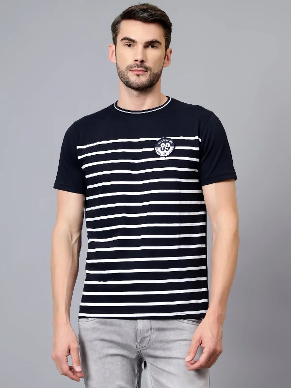 Men's Navy Blue Striped Round Neck Half Sleeve T-shirt