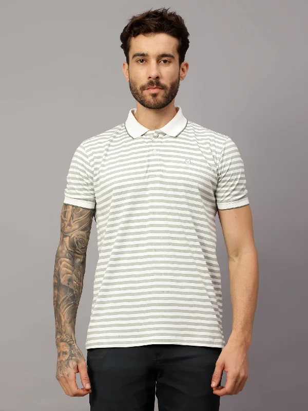 Men's Olive Green Stripe Polo neck Half Sleeve T-Shirt