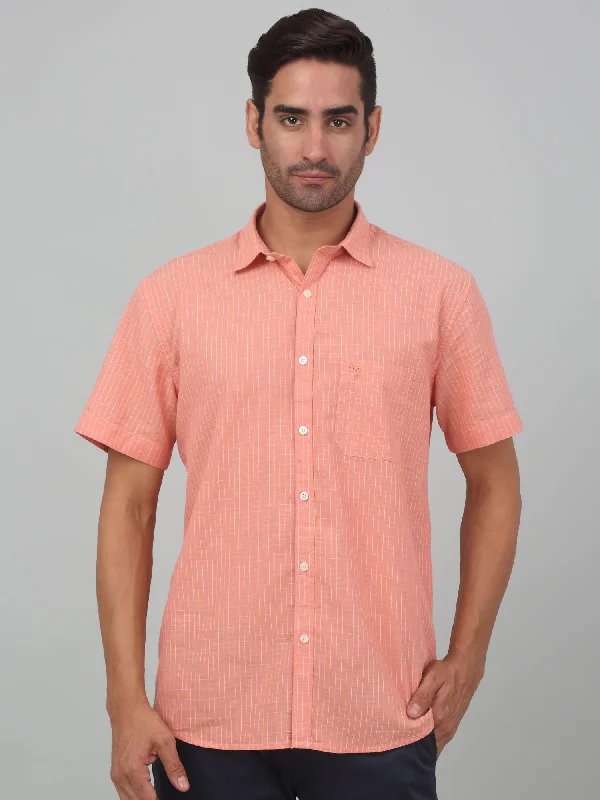 Men's Orange Casual Thin Stripe Half sleeve Shirt