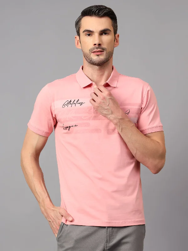 Men's Pink Printed Polo Neck Half Sleeve T-shirt