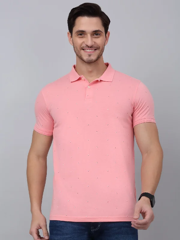 Men's Pink Printed Polo Neck T-shirt